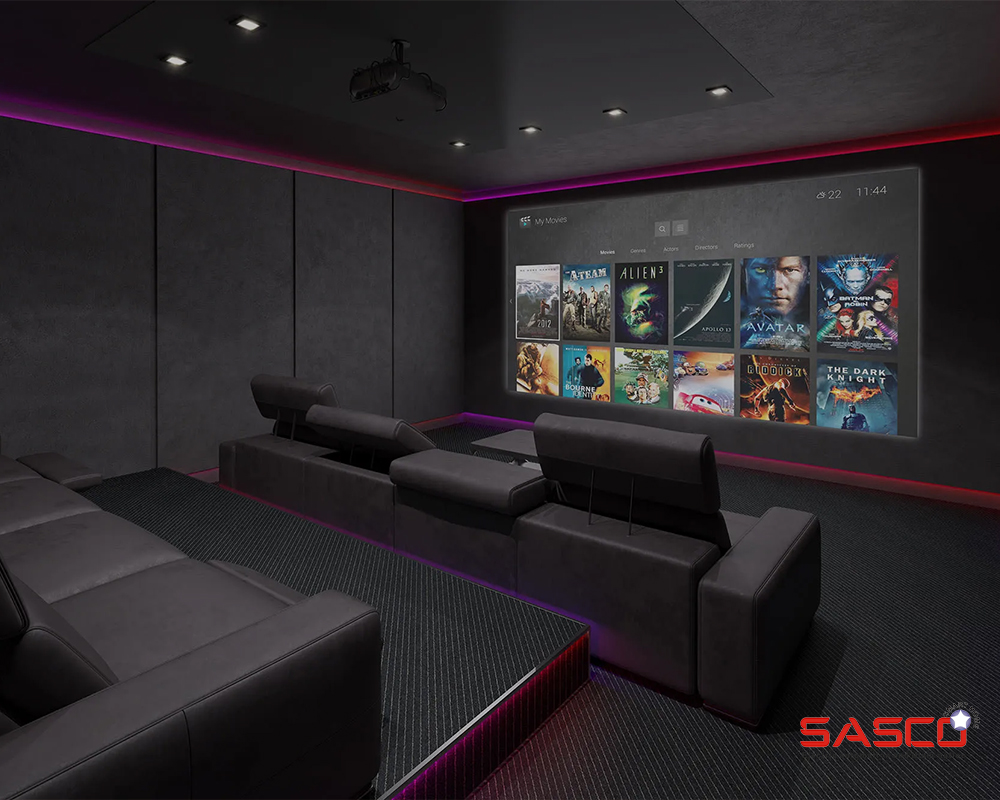 A stylish home theater featuring a plush couch and projector, ideal for home movies