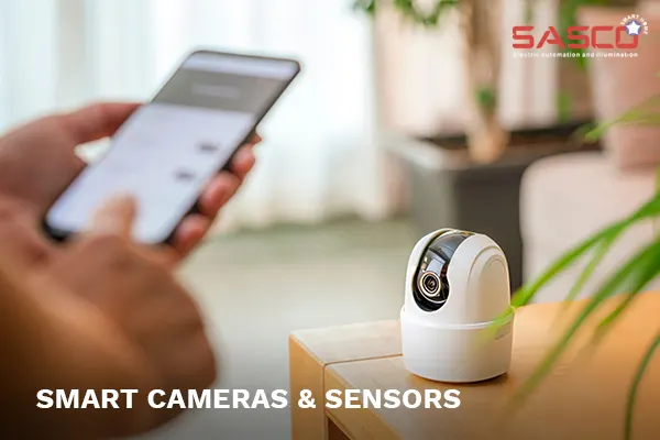 Smart home security camera controlled via mobile app on a table
