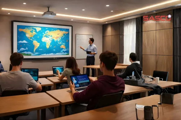 Smart classroom with interactive board, projector, and students using tablets