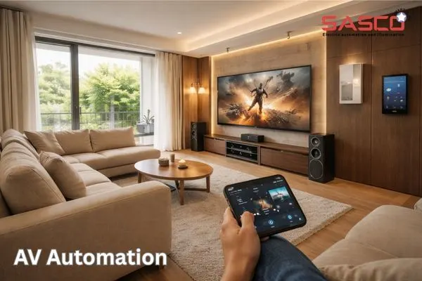 AV automation system controlling smart home theater with tablet in modern living room.