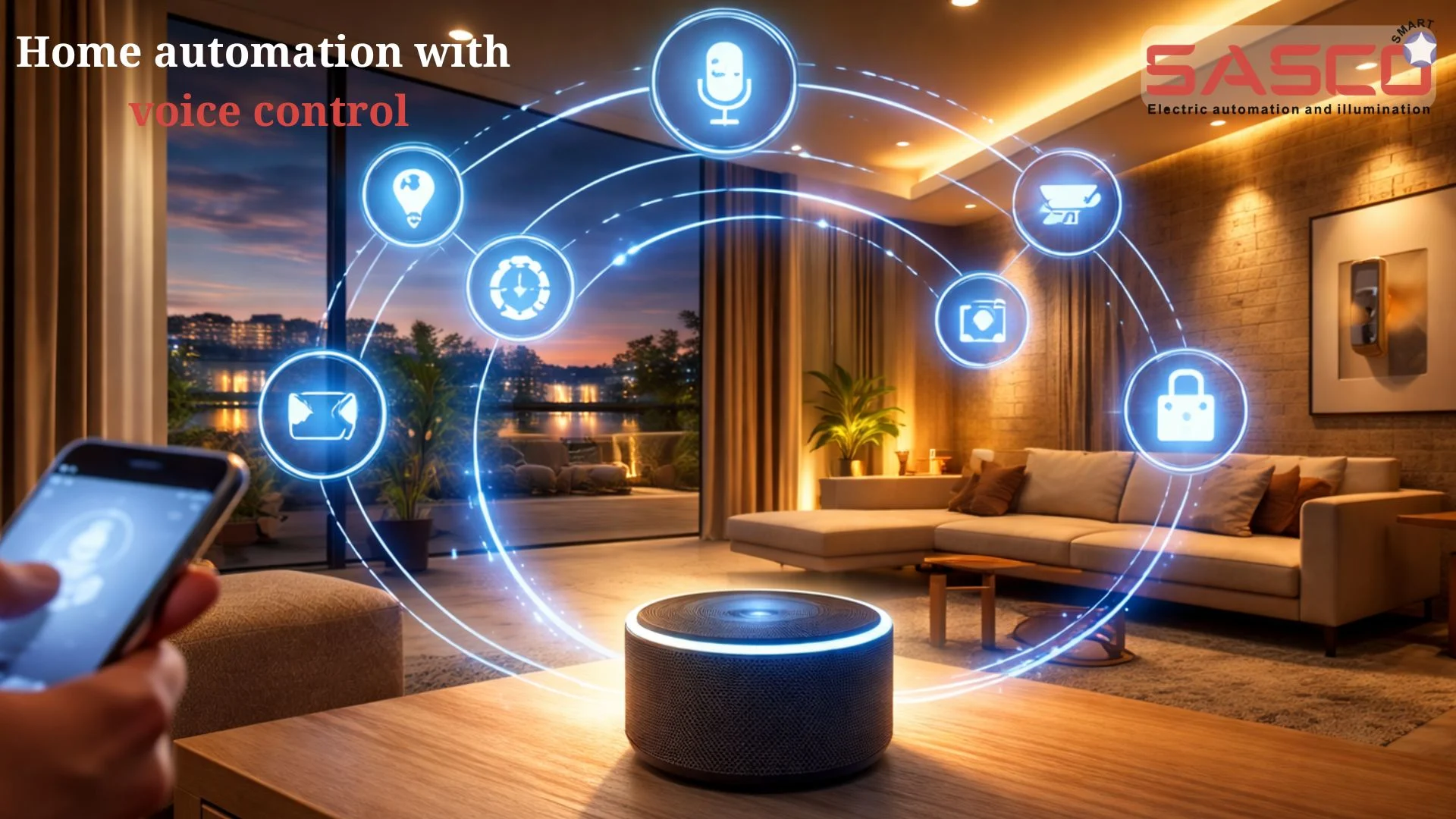 Home automation with voice control in a modern smart living room.