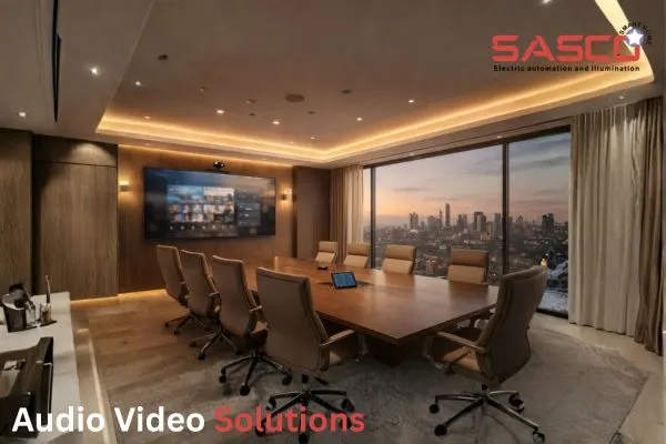 Modern conference room with advanced audio video solution setup.