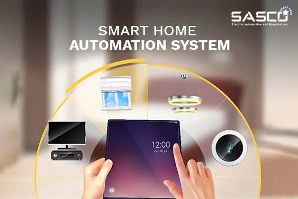 Smart home automation system controlled via tablet with connected lighting and devices.